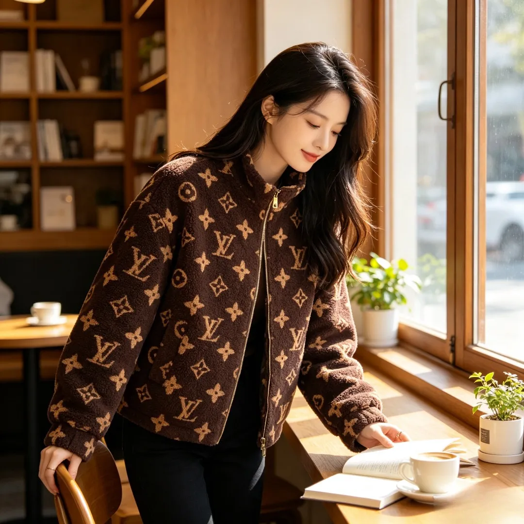 Louis Vuitton/Louis Vuitton dark brown all-over printed old flower Teddy polar fleece stand-up collar jacket